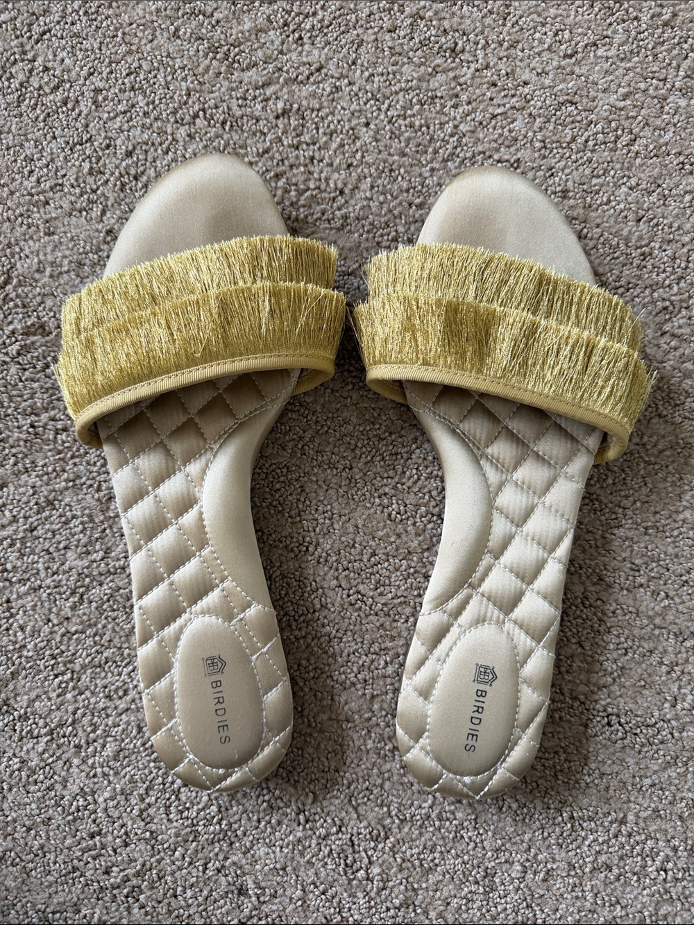 Birdies Gold Fringe Quilted Slide Sandals